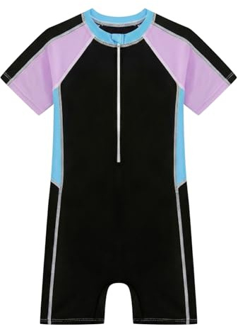 JiAmy Pojkar baddräkt i ett stycke UV-skydd kortärmad dragkedja barn baddräkt rashguard badkläder sportiga badkläder för pojkar 4–12 år, blå-violett, 11-12 år
