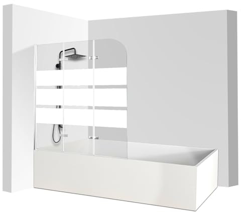 Monucep Vasca da bagno 120 x 140 cm, 3 pezzi, pieghevole, parete doccia per vasca da bagno in vetro di sicurezza ESG da 6 mm, con strisce bianche, rivestimento nano, paraspruzzi, argento