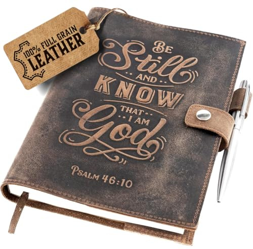 moonster® Diario Personal Recargable – Cuaderno de Cuero con Verso de la Biblia en Relieve – Cuaderno de Viajes Hecho a Mano Vintage con 320 Páginas Papel Fresado a Rayas A5 y Bolígrafo Elegante