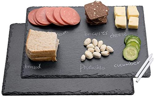WLWNWFT Lot de 2 plateaux en ardoise rectangulaires - 30 x 20 cm - Pour servir et écrire - Avec stylo à craie