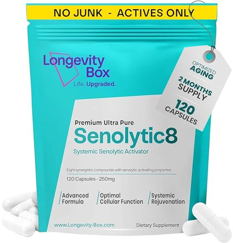 Longevity Box Senolytic 8, 120 capsule, complesso di 8 ingredienti tra cui fisetina, quercetina, NAC e tocotrienoli, puro al 99%, per la salute cellulare, il metabolismo e il supporto alla longevità