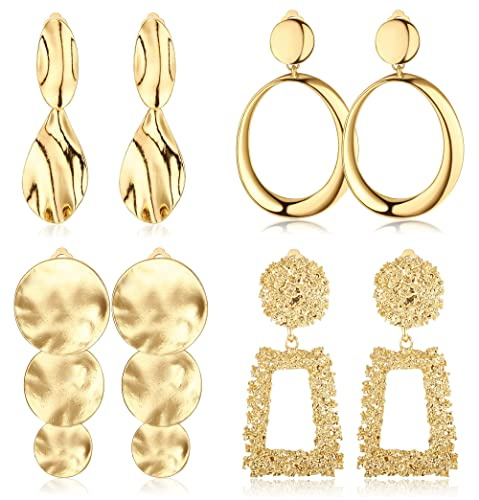 JeryWe 4 Paires Boucle d'Oreille Clip Femme Or Déclaration Géométrique Triangle Rectangle Pampille Goutte d'eau Carré Métal Rond Clips Oreilles Pendantes Non Percées（Style4）