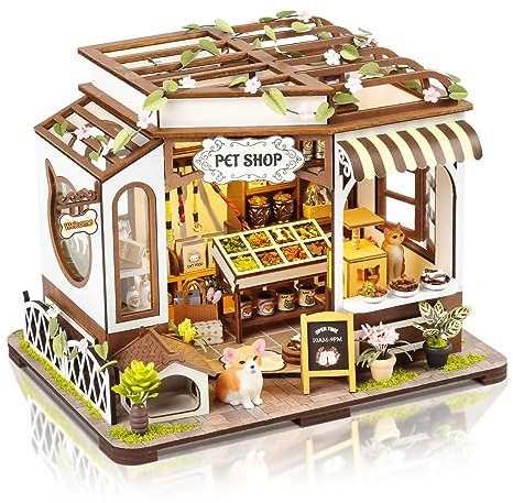 Cuteefun Casa de Madera DIY con Caja, Casas de Muñecas Miniaturas con Muebles, Regalo de Cumpleaños Navidad y Halloween(Tienda de Mascotas)