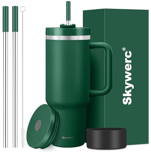 Gobelet de 1200 ml avec poignée et paille, couvercle 2 en 1, bouteille d'eau isotherme à double paroi en acier inoxydable – Tasse de voyage – Cadeau de vacances pour homme et femme – Vert foncé