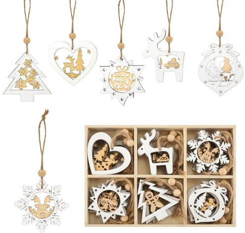 24pcs Wooden Christmas Tree Ornaments, 3D Wood Hollow Farmhouse Snowflake Reindeer Snowman Hanging Ornaments Winter Decoration Crafts for Xmas Party