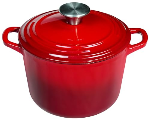 Flavehc Olla holandesa con tapa de hierro fundido de 2.8 cuartos de galón, horno holandés para hornear pan, olla de arroz de hierro fundido esmaltado rojo con asas