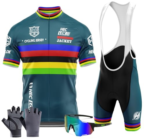 Traje Ciclismo Hombre Verano Conjunto Bicicleta Ropa MTB Maillot Bici Manga Corta＋Pantalones Cortos 9D Gel Acolchado Maillot para MTB+Incluye Guantes y Gafas de Ciclismo (TYP-6,L)