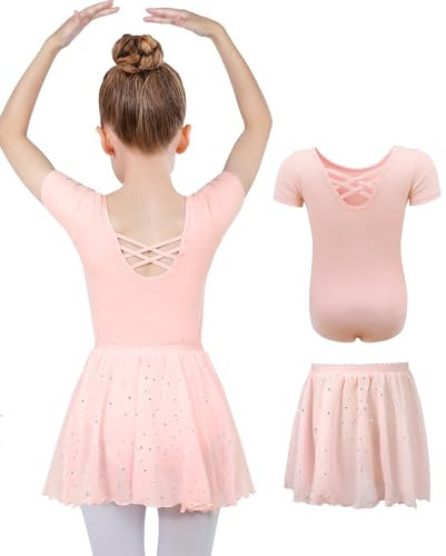 MYSSUCI Ballettkleidung Mädchen Ballettkleid Kinder Kurzarm Baumwolle Ballettanzug Tanzbody Tanzkleid mit Chiffon Rock Tütü 3-11Jahre (Rosa, 110)