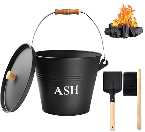 Secchio per cenere con coperchio 5 litri, spazzola per la pulizia, pala, accessori per caminetti, caminetti e cucine a legna, posacenere multiuso, secchio per carbone nero secchio per caminetto