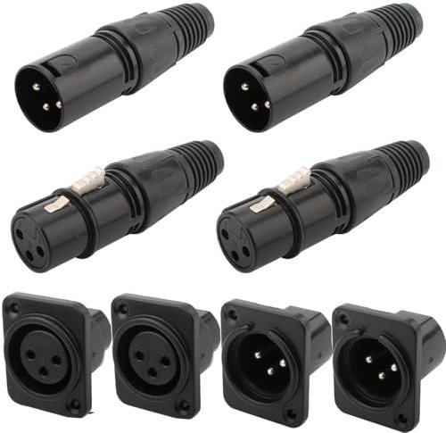 RUNCCI-YUN Conector de Soldadura XLR 3 Pines + Enchufe de Cable de Micrófono y Toma de Audio de Micrófono - 4 Piezas + 4 Piezas Panel XLR 3 Pines Negra