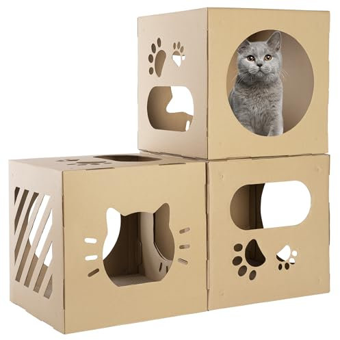 ONVAYA® Kartonhaus für Katzen mit Kratzboards ǀ einfacher Aufbau ǀ inklusive Kratzbrett ǀ ideal für DIY-Projekte ǀ Katzenhaus aus Pappe