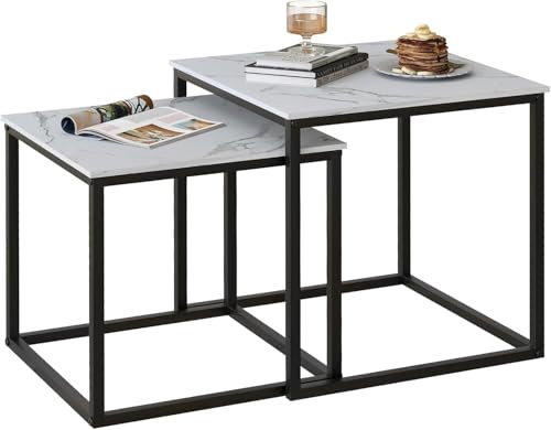 Huhote Nesting Tables, Set of 2 End Table, Coffee Tables, Side Table with Metal Frame for Living Room/Bedroom/Balcony/Office/Apartment, Diameter 50/45 cm (Black Frame, White Marble Top)