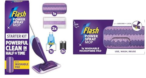 Flash Power Spray Mop Bundle Value Pack, Handle + 2 Washable Pads + 2 Disposable Pads