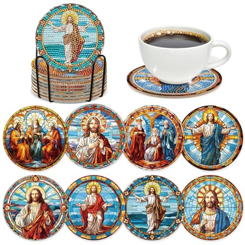 INCOK Jesus Diamond Art Coasters - 8 Pcs DIY Christian Colorful Glass Diamond Painting Coasters Kits for Drinks Coffee Religions Art Craft Table Decor Birthday Inspirational Easter Gift for Beginners