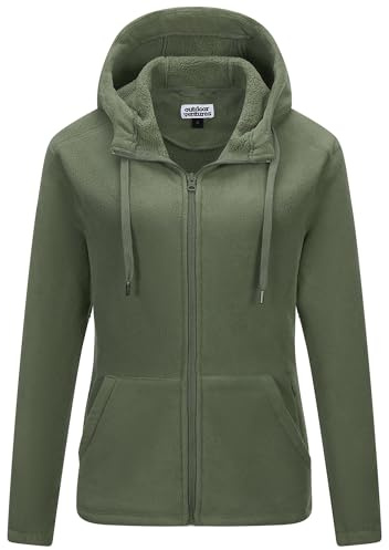 Outdoor Ventures Damen Fleecejacke mit Kapuze Frauen Fleecemantel Warme Sweatjacke mit 6 Taschen Hoodie Damenjacke mit Durchgehendem Reißverschluss für Laufen, Wandern und Freizeit Graugrün S