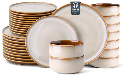 LeRatio Crockery Set for 12 People, Stoneware Crockery Set, 36 Pieces, Reactive Glaze, Scratch-Resistant Bowl and Plate Set, Dishwasher and Microwave Safe for Dinner Service