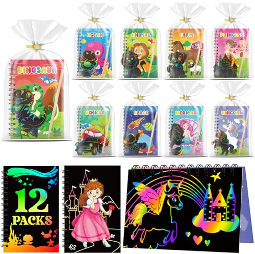 Skrajoi 12 Pack Scratch Art Party Favors for Kids - Rainbow Scratch Paper Notebook with Scratch Off Cards Easter Basket Stuffers Birthday Goodie Bags Stuffers with - Return Gifts DIY Classroom Prizes