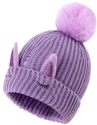 Cheerful Mario Hiver Bonnet à Tricoter avec Pompons pour Enfant Fille 3-9 Ans Licorne Mignonne Doublure en Peluche Chaude Violet-A