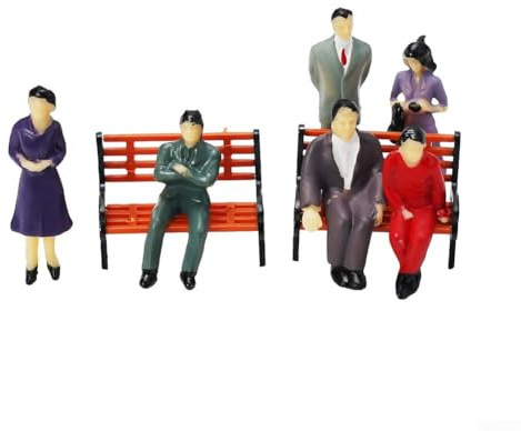 50 figuras de personas sentadas de pie para diseño de tren con 8 bancos de parque a escala 1:87 pasajeros de plástico en miniatura para hacer modelos y decoración de paisaje