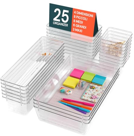 Avilia Set 25 Organizer per Cassetti Trasparenti - Divisori Modulari Impilabili in Plastica Resistente - Contenitori Multiuso per Scrivania, Cucina, Make-up e Bagno - Kit Completo Salvaspazio