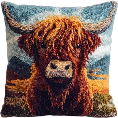 ZUHK Cute Pattern Latch Hook Pillow Kit 43x43cm - Needlework Embroidery for Begineer and Adults, fit for Sofa Cushion Decoration (Cow 2)