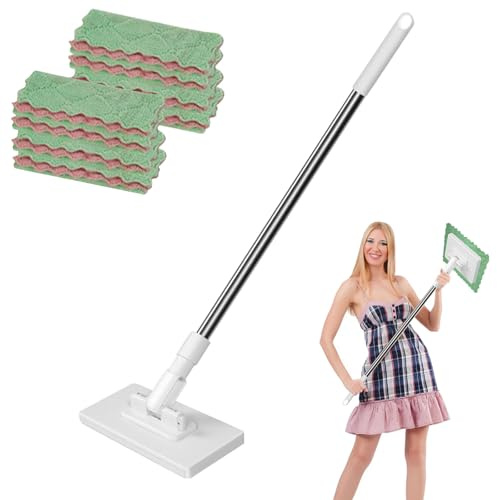 Wischmopp Mit Druck-Klemm-System, 2026 Neu Wischer Mop Ohne Händewaschen, Bequemer Mini-Mopp,Automatisches Klemmtuch, mit 10 Stück Mop Pads, für Badezimmer, Küche, Boden