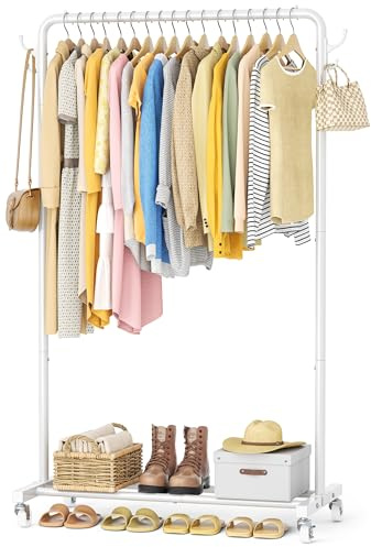 Clothes Rail with 4 Side Hooks, Storage Shelf and Wheels, Metal, White