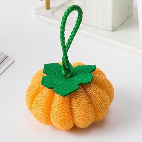Shower Puff, Cartoon Vegetable and Fruit Shapes Shower Loofah with Lanyard, 40g Exfoliating Loofah Sponge, Soft Dual Layer Mesh Body Scrubber for Men & Women, Cleaning Body (Orange Pumpkin)
