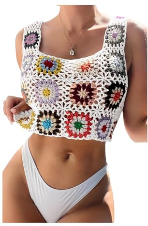 Top Corto de Playa de Ganchillo de Tirantes Anchos Estilo Boho (Talla S-L) – Top de Punto Calado de Verano con Flores de Cuadrado de la Abuela (Beige, Negro, Blanco)
