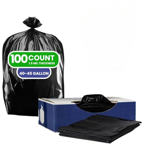 Plasticplace Heavy Duty Trash Bags, 40-45 Gallon, Black, Industrial Strength, Tear-Resistant, Leak-Proof, Large Garbage Bags for Yard, Construction, Lawn, 100 Count 1.5 Mil, 40x46