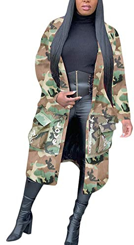 Vakkest Women Casual Camo Blazer Jacket Letter Print Long Sleeve Long Outwear Coat with Pockets Oversize Cardigan