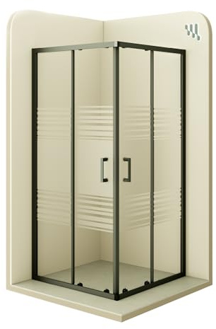 Mampara de Ducha Diana 70x90x190cm, REVERSIBLE, Puertas Correderas, Ajuste 67.5-69.5x87.5-89.5cm, Perfiles Negros, Cristal Templado Parcialmente Satinado 6mm