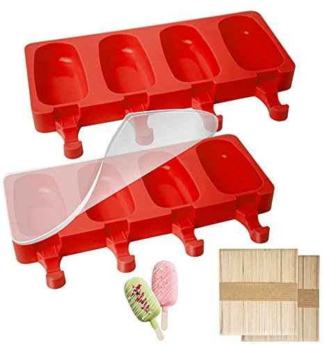 2Pcs Ice Lolly Moulds with Sticks, Non-Stick Cakesicle Moulds, Silicone Ice Popsicle Mould with Lid, 100 Sticks and 50 Popsicle Bags for DIY Ice Cream, BPA-Free