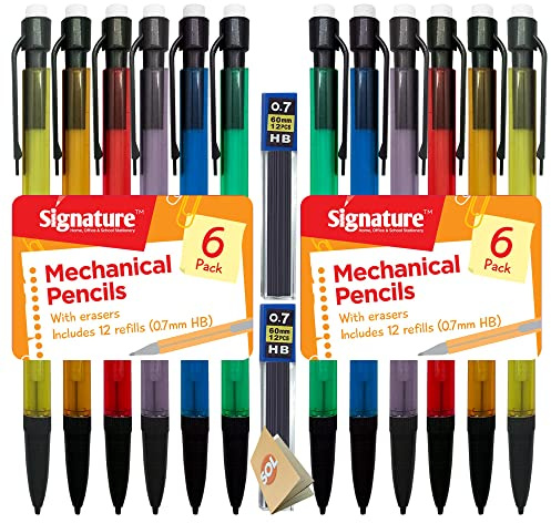 SOL 12pk Mechanical Pencil with Rubbers on End - 0.7mm HB Lead Propelling Pencils with Erasers, Includes 24 Refill Leads for Extended Comfortable Writing, Ideal for Precise Writing & Drawing