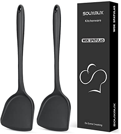 2 Pcs Silicone Wok Spatulas, Non-Stick BPA Free High Heat Resistant Handy Kitchen Utensils for Cooking, Baking, Flipping Eggs, Pancake, Burgers (Black)