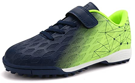 JABASIC Zapatos de Fútbol para Niños y Niñas, Botas de Fútbol para Césped Artificial, Azul Marino Verde Limón, 27 EU