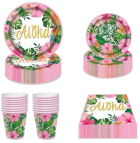 Juego de vajilla hawaiana Aloha para 16 invitados, 64 platos de papel para fiesta tropical Luau, servilletas, tazas, decoración de fiesta tropical, juego de vajilla para temática hawaiana de verano,