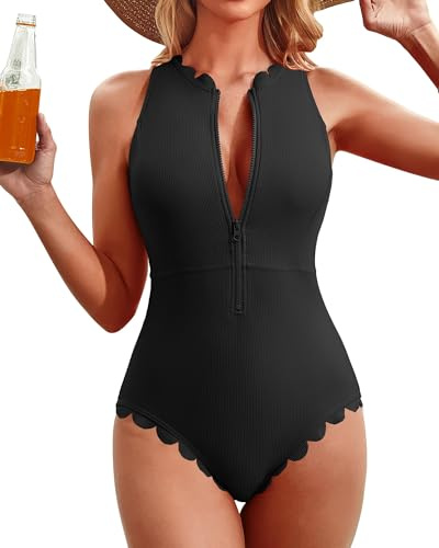 Charmo One Piece Swimwear for Women Zipper High Waisted Bathing Suit Racerback Athletic Beach Wear Black M