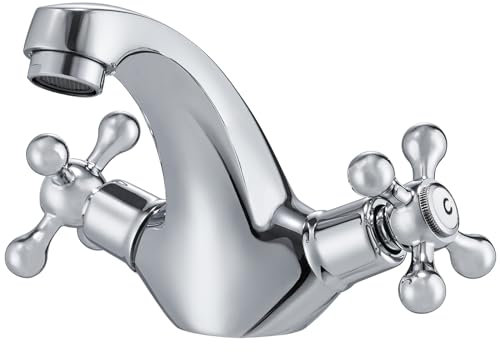 Grifos para lavabo de baño, grifos tradicionales victorianos para lavabo, doble mango cruzado, cuello de cisne, 1 agujero con mangueras de calor y frío, cromado