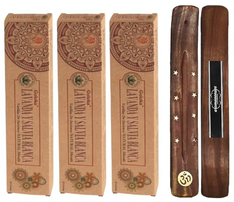 Aromasenses | 3 Lådor Goloka Organisk Lavendel och Vit Salvia + 1 Aromasenses Rökelsehållare | 100 % naturlig Masala-rökelse | Ekologisk | Avkoppling | Meditation | Yoga