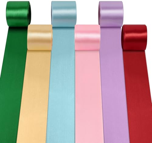 6 Rolls Satin Ribbon 50mm Wide Ribbons for Crafting, Silk Ribbon for Gift with 10m Twine, Double Sided Ribbon for Gift Wrapping,Thick Fabric Ribbon for Decoration, Wedding, Party