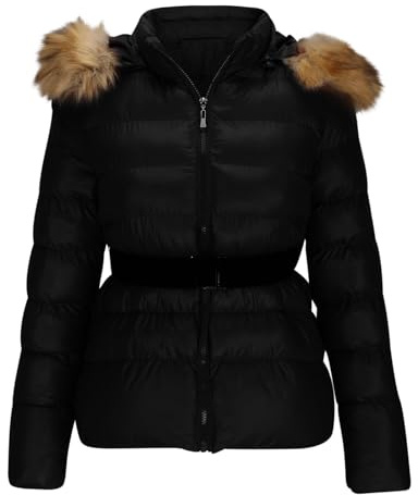 Flodxo Damen Mäntel Winter Steppjacke mit Kunstfellbesatz Kapuze Outwear Baumwolle Gepolsterte Übermäntel Langarm Thermo Tops Cropped Puffer Daunenjacke mit Gürtel Casual Zip Up Cardigan Schwarz M,