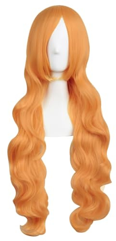 MapofBeauty 31 Pulgada/80 cm Monochrom Largo Natural Rizo Sintética Fibras Side Flequillo de Cosplay Rizo Peluca (Naranja)