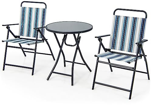 KOMFOTTEU 3-teiliges klappbares Balkonset, Bistrotisch mit 2 Stühlen, Teslin Sitzgruppe mit rundem Tisch & Klappstühle, Gartenmöbel-Set für Balkon Hof