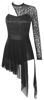 Costumi Donna Danza Lirica Vestito da ballo lirico da donna, monospalla, manica lunga, in pizzo trasparente, in rete divisa, tutù, abiti da balletto, pattinaggio artistico, abbigliamento da ballo Per