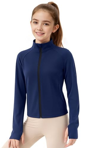 JOCMIC Girls Zip Up Jacket Horse Riding Shirts Kids Athletic Jackets Fall Winter Outerwear Navy Blue 5-6 Years