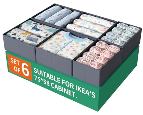ORLISA 6 Pack Drawer Organizers Compatible with PAX Wardrobe 75x58 cm, Foldable and Stable, Robust Storage Boxes for Clothes, Grey