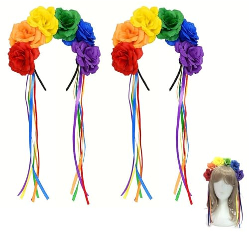 JDNFKG 2 Pezzi di Colorato Fiore Streamer Fascia, Orgoglio Fiore Arcobaleno Corona Fascia, Adatto per Giochi di Ruolo, Accessori per Capelli del Partito, Carnevale, Parata.