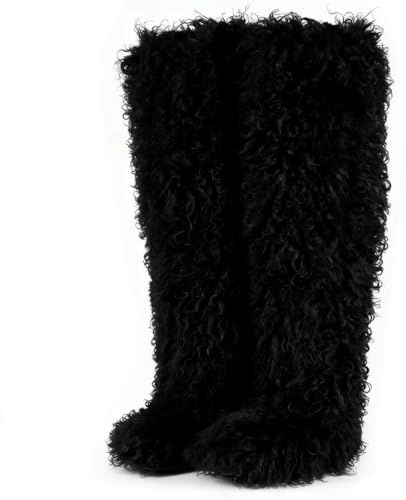 conmfotey Over the Knee Boots for Women 29 inchs Faux Fur Boots Flat Thigh High Boots(black8)