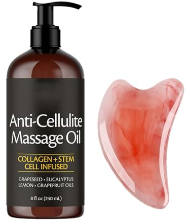 Olio da massaggio anticellulite da 240 ml con tavola Gua-Sha, cura rassodante con semi d'uva e oli di agrumi, idratante e rassodante, per pelle liscia